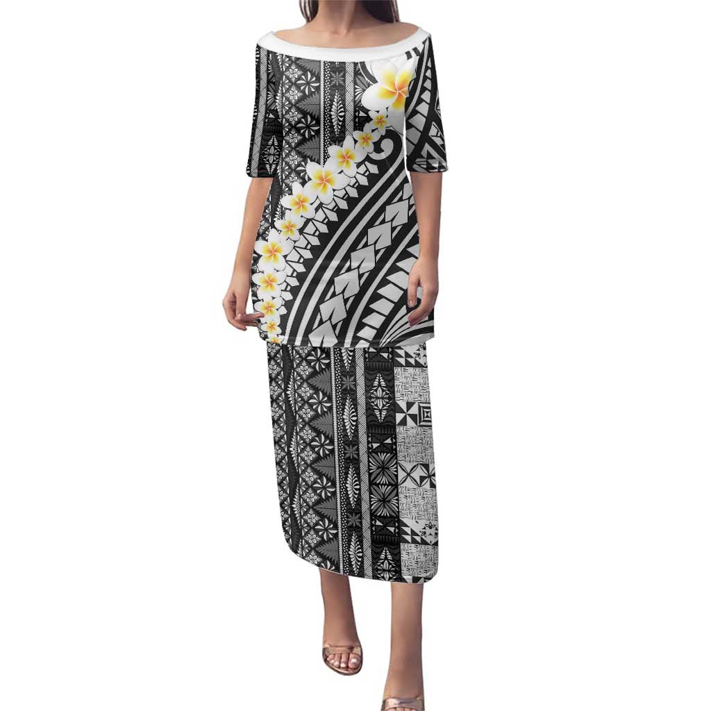 Black Vintage Tonga Ngatu Pattern With Plumeria Family Matching Puletasi and Hawaiian Shirt - Polynesian Pride