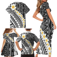 Black Vintage Tonga Ngatu Pattern With Plumeria Family Matching Short Sleeve Bodycon Dress and Hawaiian Shirt - Polynesian Pride