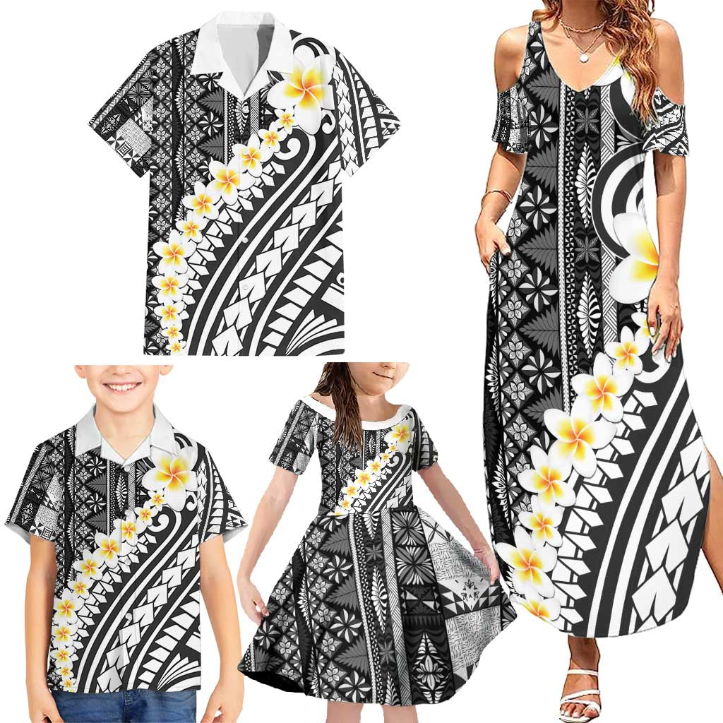 Black Vintage Tonga Ngatu Pattern With Plumeria Family Matching Summer Maxi Dress and Hawaiian Shirt - Polynesian Pride