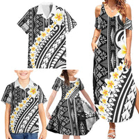 Black Vintage Tonga Ngatu Pattern With Plumeria Family Matching Summer Maxi Dress and Hawaiian Shirt - Polynesian Pride