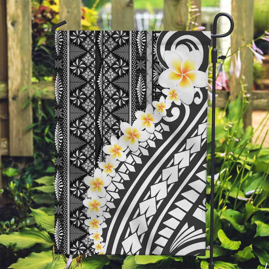 Black Vintage Tonga Ngatu Pattern With Plumeria Garden Flag - Polynesian Pride