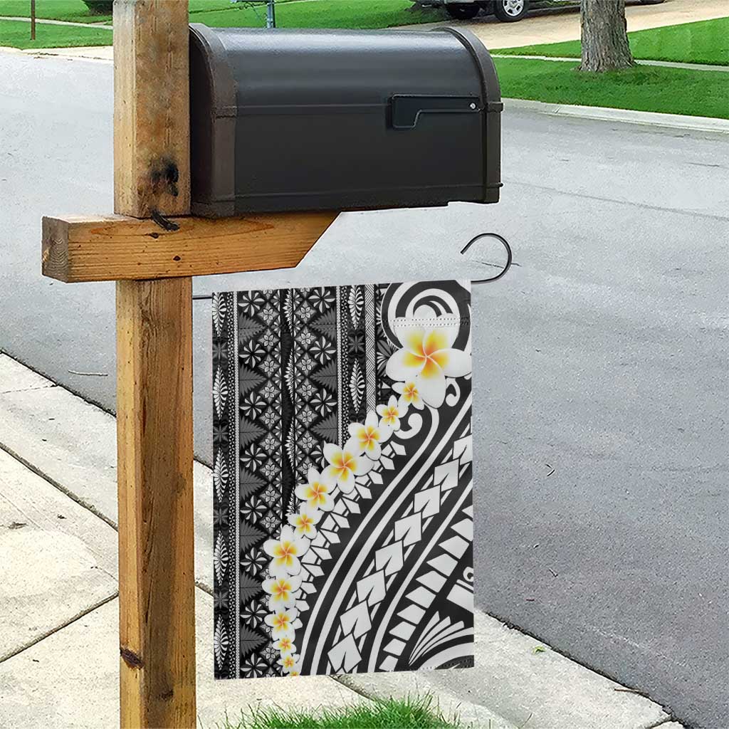 Black Vintage Tonga Ngatu Pattern With Plumeria Garden Flag - Polynesian Pride