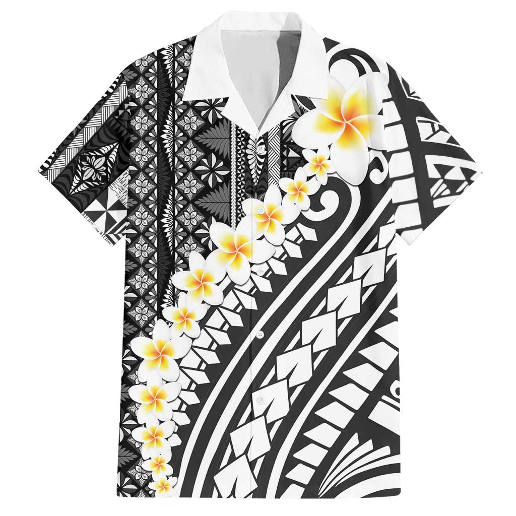 Black Vintage Tonga Ngatu Pattern With Plumeria Hawaiian Shirt - Polynesian Pride