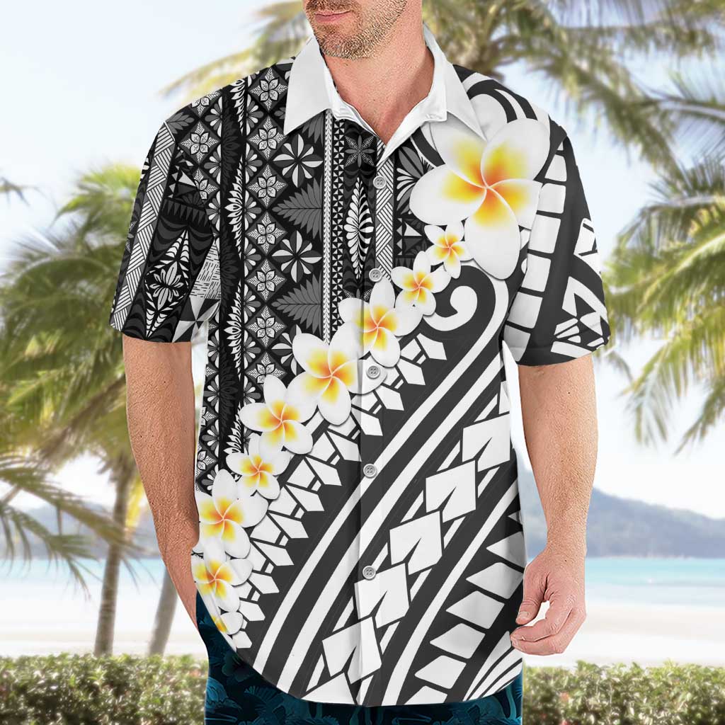 Black Vintage Tonga Ngatu Pattern With Plumeria Hawaiian Shirt - Polynesian Pride