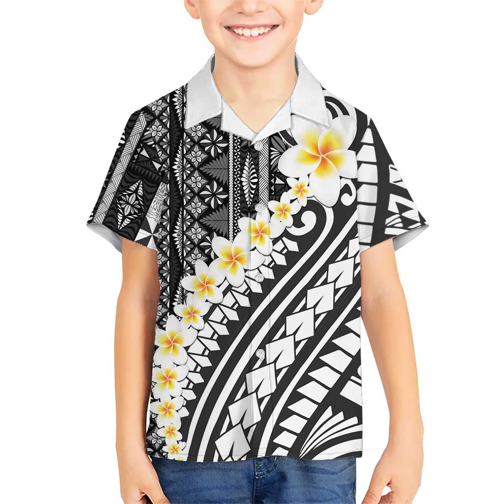 Black Vintage Tonga Ngatu Pattern With Plumeria Hawaiian Shirt - Polynesian Pride