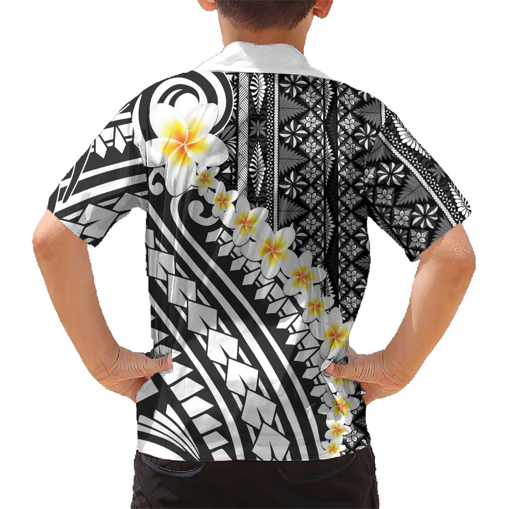 Black Vintage Tonga Ngatu Pattern With Plumeria Hawaiian Shirt - Polynesian Pride