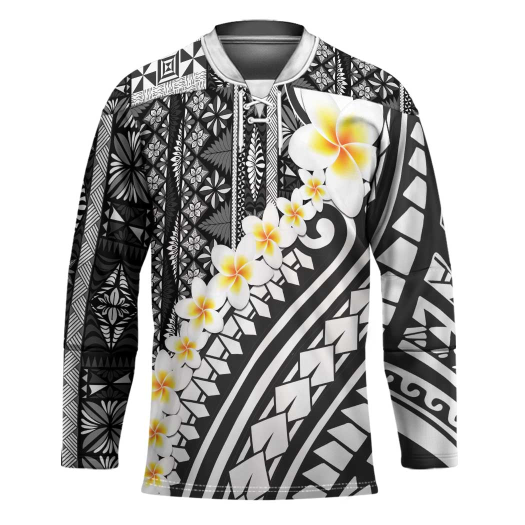 Black Vintage Tonga Ngatu Pattern With Plumeria Hockey Jersey - Polynesian Pride