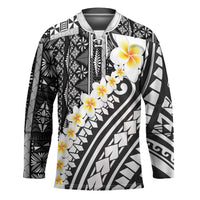 Black Vintage Tonga Ngatu Pattern With Plumeria Hockey Jersey - Polynesian Pride