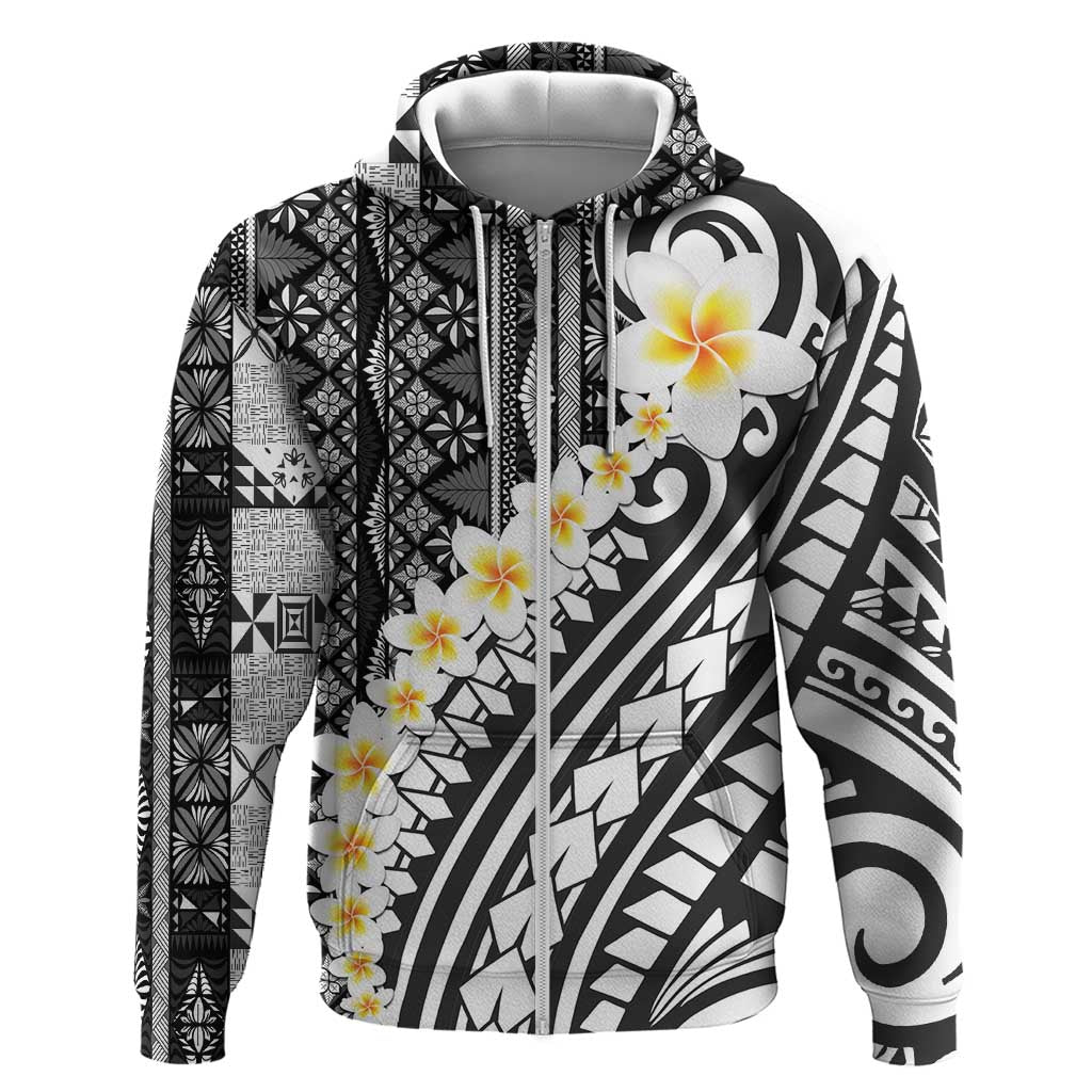 Black Vintage Tonga Ngatu Pattern With Plumeria Hoodie - Polynesian Pride