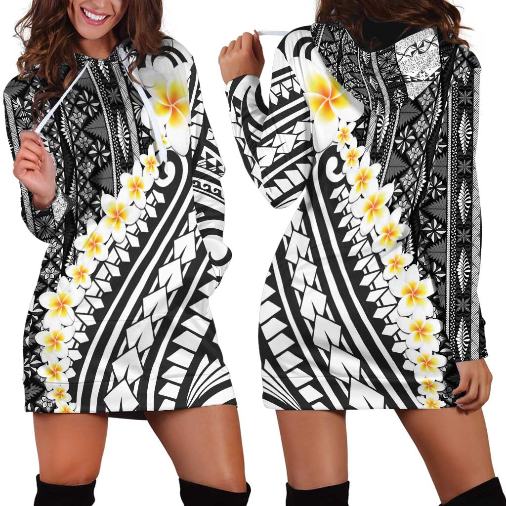 Black Vintage Tonga Ngatu Pattern With Plumeria Hoodie Dress - Polynesian Pride