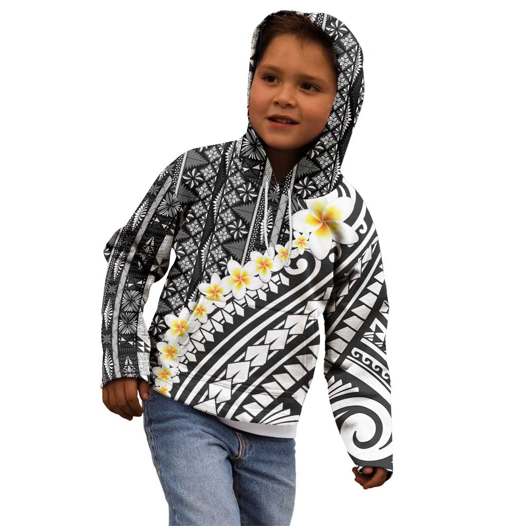 Black Vintage Tonga Ngatu Pattern With Plumeria Kid Hoodie - Polynesian Pride