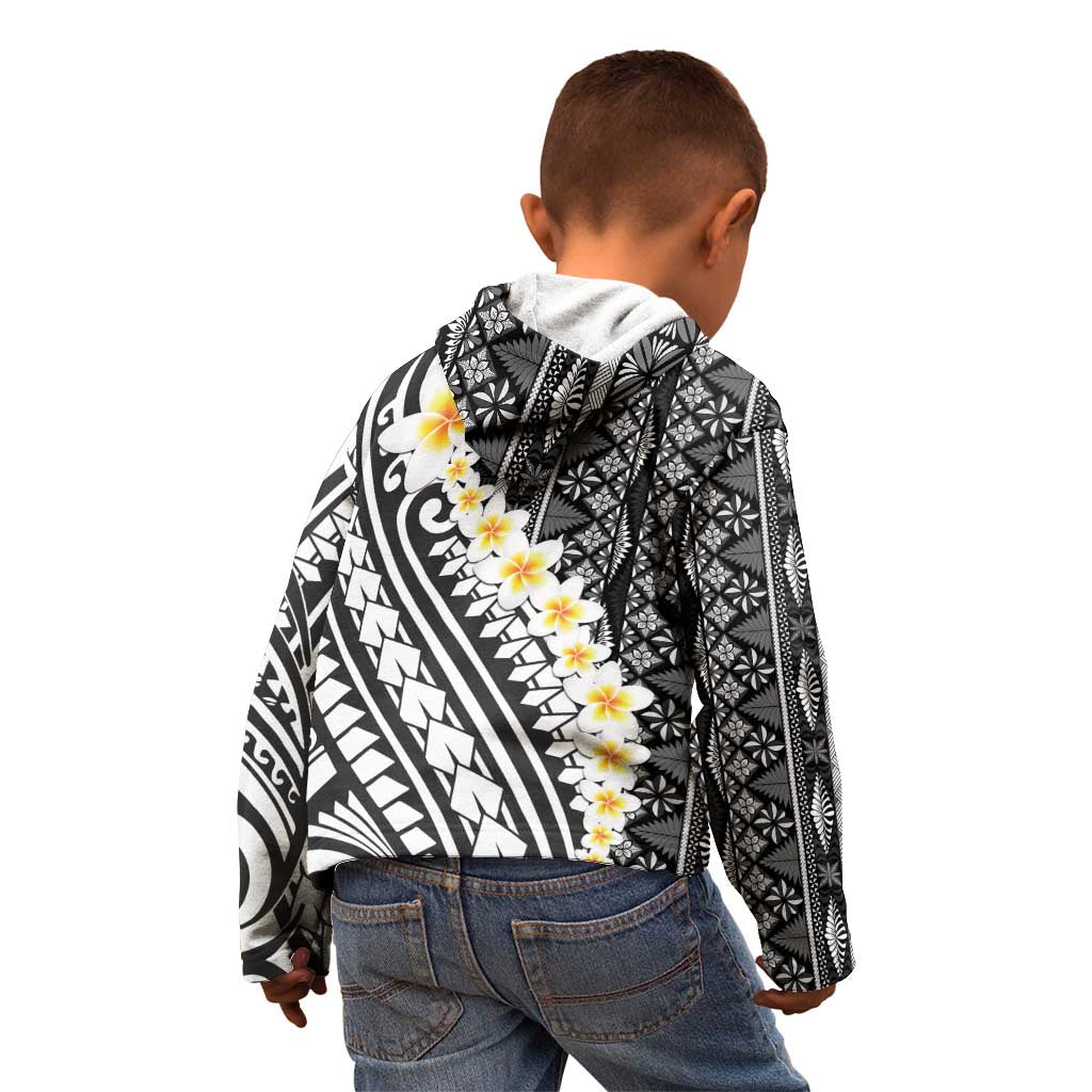Black Vintage Tonga Ngatu Pattern With Plumeria Kid Hoodie - Polynesian Pride