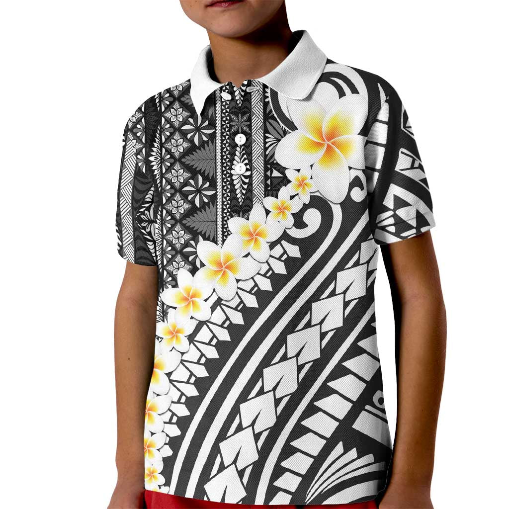 Black Vintage Tonga Ngatu Pattern With Plumeria Kid Polo Shirt - Polynesian Pride