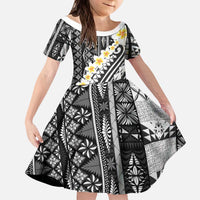 Black Vintage Tonga Ngatu Pattern With Plumeria Kid Short Sleeve Dress - Polynesian Pride