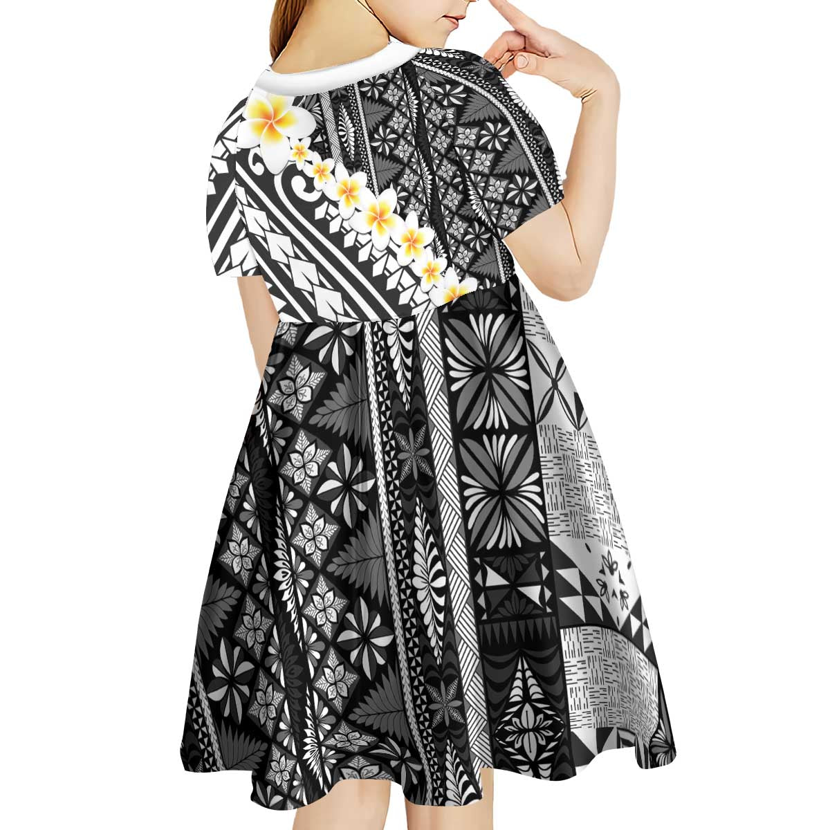 Black Vintage Tonga Ngatu Pattern With Plumeria Kid Short Sleeve Dress - Polynesian Pride