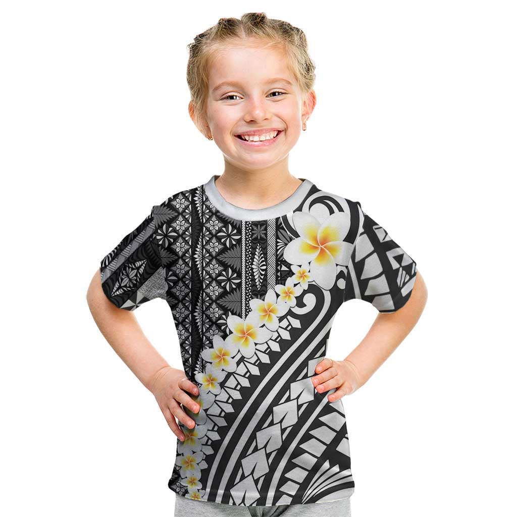 Black Vintage Tonga Ngatu Pattern With Plumeria Kid T Shirt - Polynesian Pride
