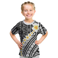 Black Vintage Tonga Ngatu Pattern With Plumeria Kid T Shirt - Polynesian Pride
