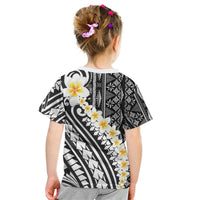 Black Vintage Tonga Ngatu Pattern With Plumeria Kid T Shirt - Polynesian Pride