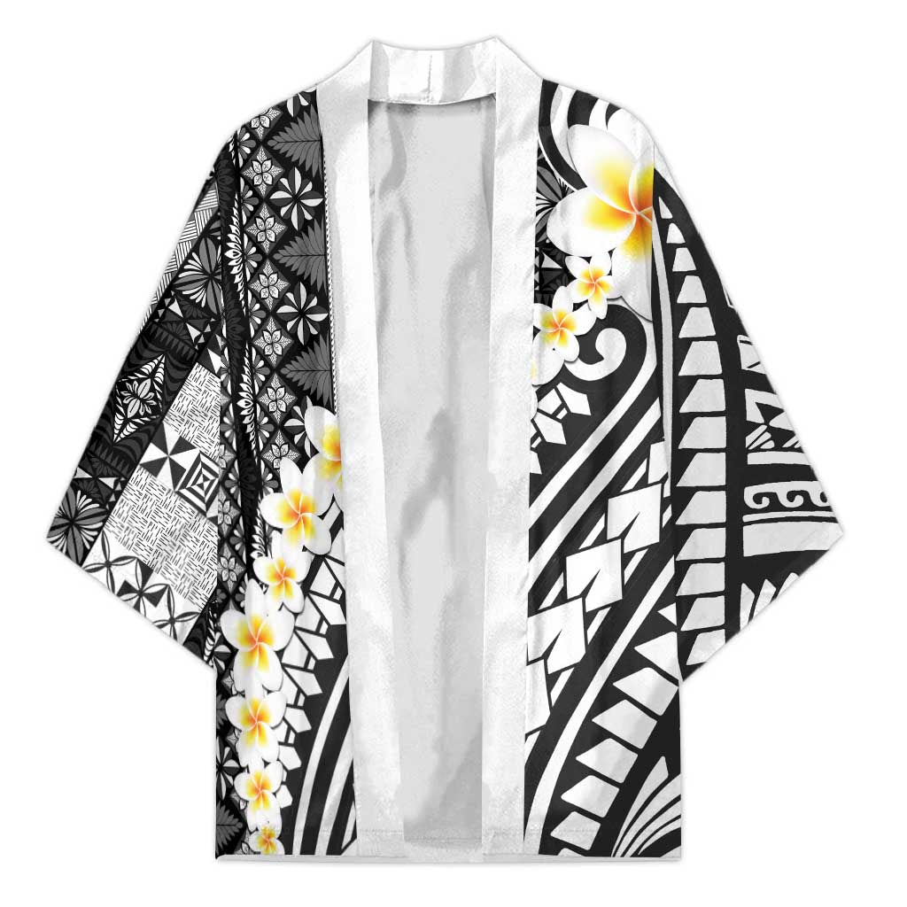 Black Vintage Tonga Ngatu Pattern With Plumeria Kimono - Polynesian Pride