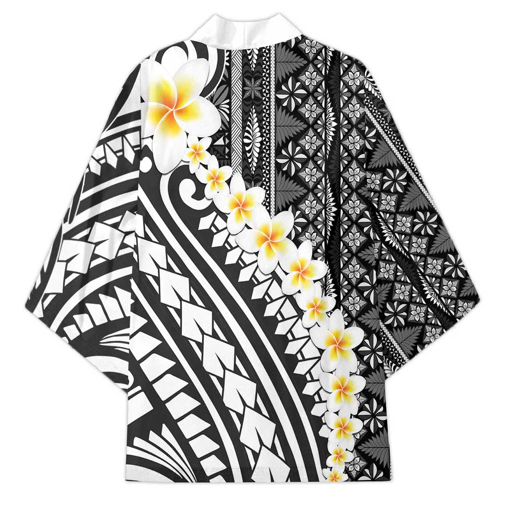 Black Vintage Tonga Ngatu Pattern With Plumeria Kimono - Polynesian Pride