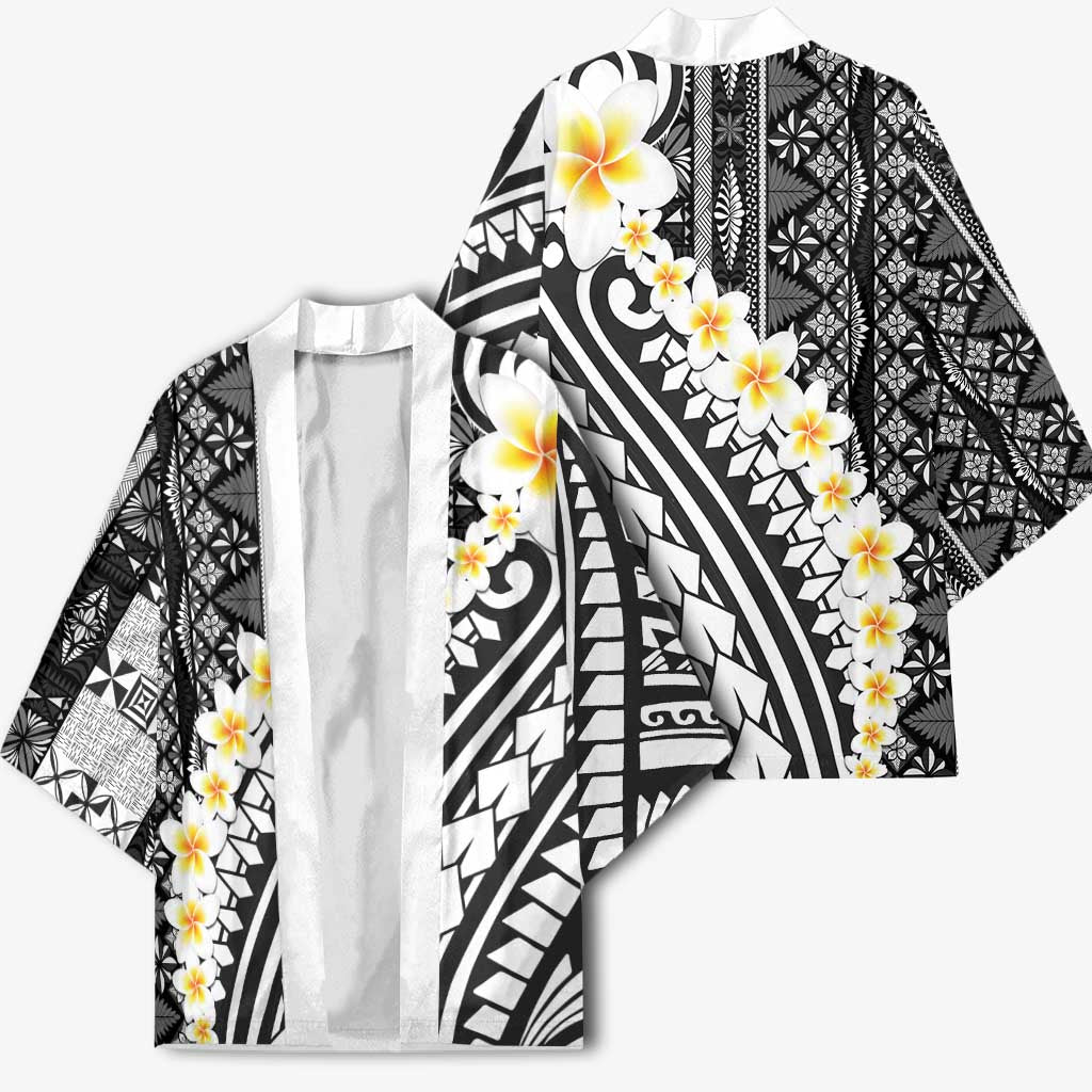 Black Vintage Tonga Ngatu Pattern With Plumeria Kimono - Polynesian Pride