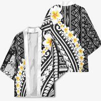 Black Vintage Tonga Ngatu Pattern With Plumeria Kimono - Polynesian Pride