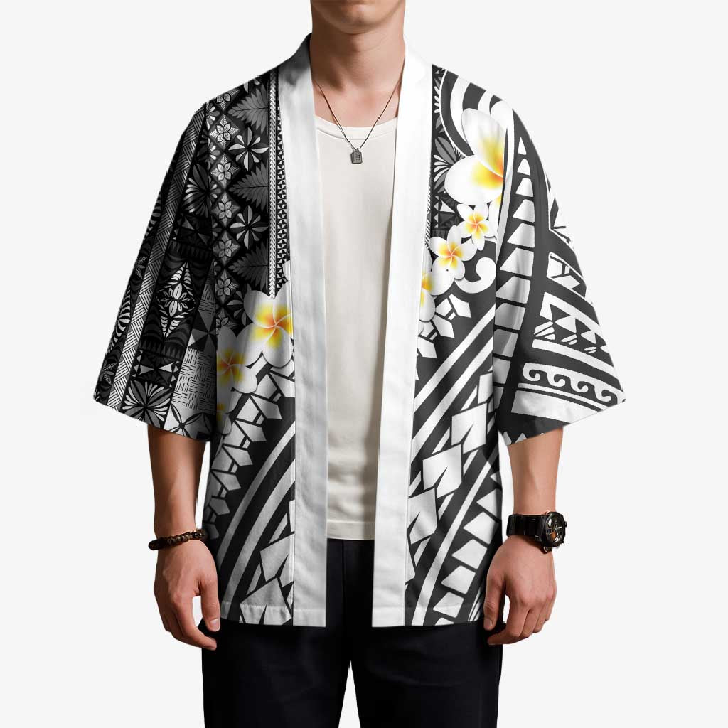 Black Vintage Tonga Ngatu Pattern With Plumeria Kimono - Polynesian Pride
