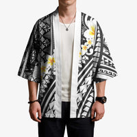 Black Vintage Tonga Ngatu Pattern With Plumeria Kimono - Polynesian Pride