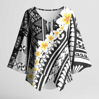 Black Vintage Tonga Ngatu Pattern With Plumeria Kimono Sleeve Blouse - Polynesian Pride