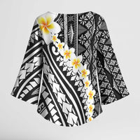 Black Vintage Tonga Ngatu Pattern With Plumeria Kimono Sleeve Blouse - Polynesian Pride