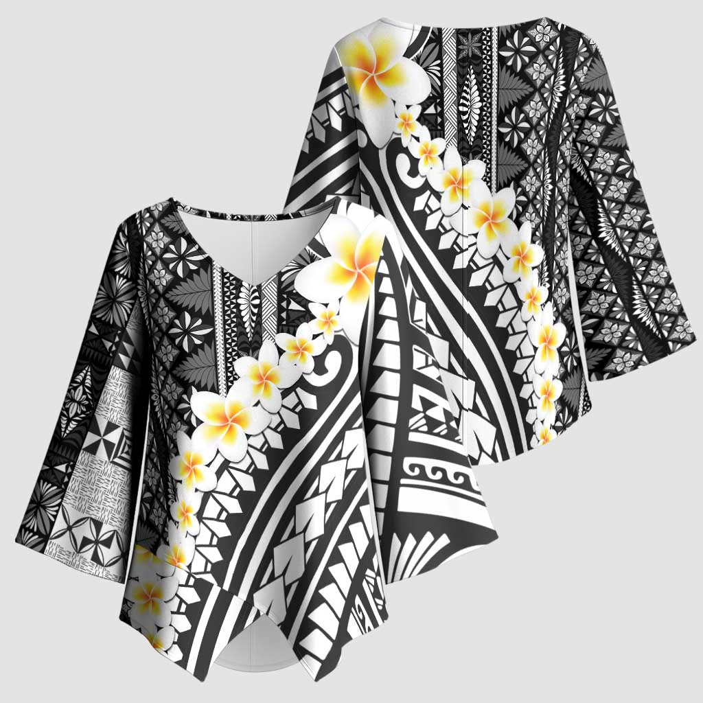 Black Vintage Tonga Ngatu Pattern With Plumeria Kimono Sleeve Blouse - Polynesian Pride