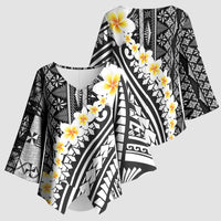 Black Vintage Tonga Ngatu Pattern With Plumeria Kimono Sleeve Blouse - Polynesian Pride