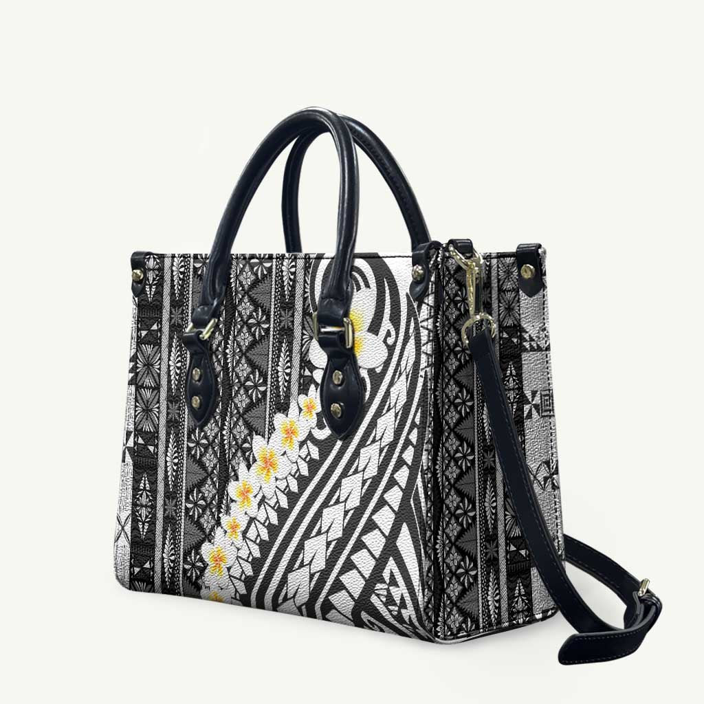Black Vintage Tonga Ngatu Pattern With Plumeria Leather Bag - Polynesian Pride
