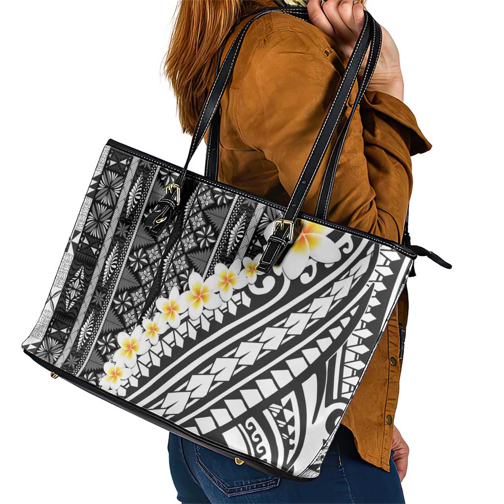 Black Vintage Tonga Ngatu Pattern With Plumeria Leather Tote Bag - Polynesian Pride