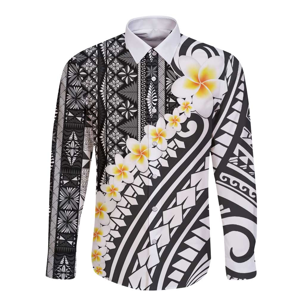 Black Vintage Tonga Ngatu Pattern With Plumeria Long Sleeve Button Shirt - Polynesian Pride