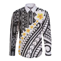 Black Vintage Tonga Ngatu Pattern With Plumeria Long Sleeve Button Shirt - Polynesian Pride