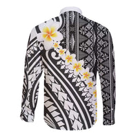 Black Vintage Tonga Ngatu Pattern With Plumeria Long Sleeve Button Shirt - Polynesian Pride