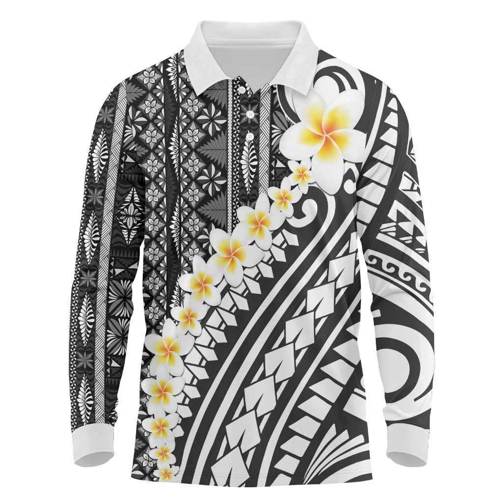 Black Vintage Tonga Ngatu Pattern With Plumeria Long Sleeve Polo Shirt - Polynesian Pride