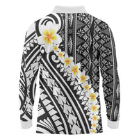 Black Vintage Tonga Ngatu Pattern With Plumeria Long Sleeve Polo Shirt - Polynesian Pride