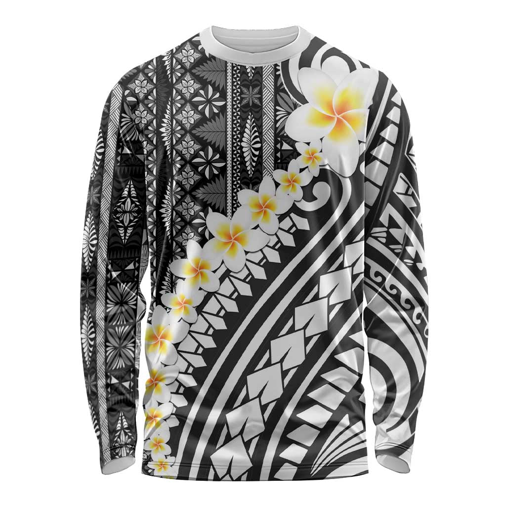 Black Vintage Tonga Ngatu Pattern With Plumeria Long Sleeve Shirt - Polynesian Pride