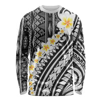 Black Vintage Tonga Ngatu Pattern With Plumeria Long Sleeve Shirt - Polynesian Pride