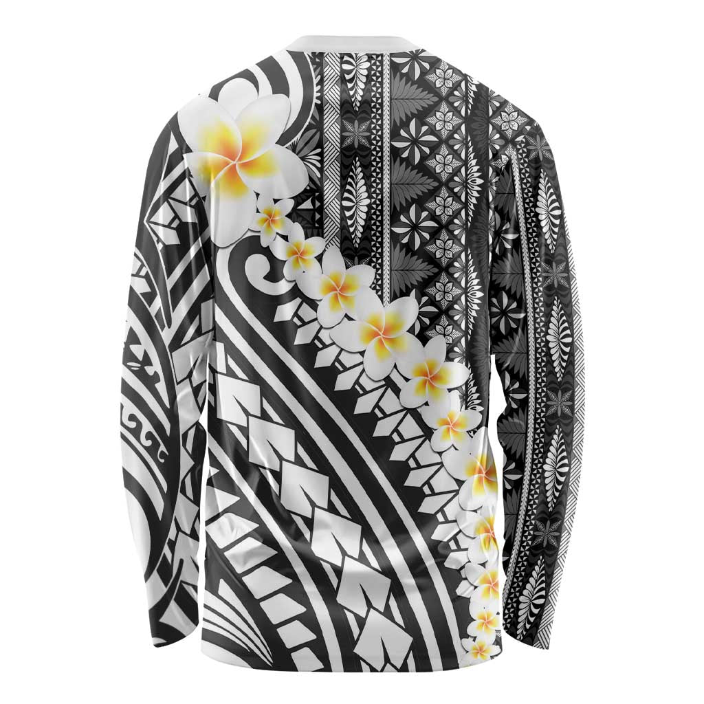 Black Vintage Tonga Ngatu Pattern With Plumeria Long Sleeve Shirt - Polynesian Pride