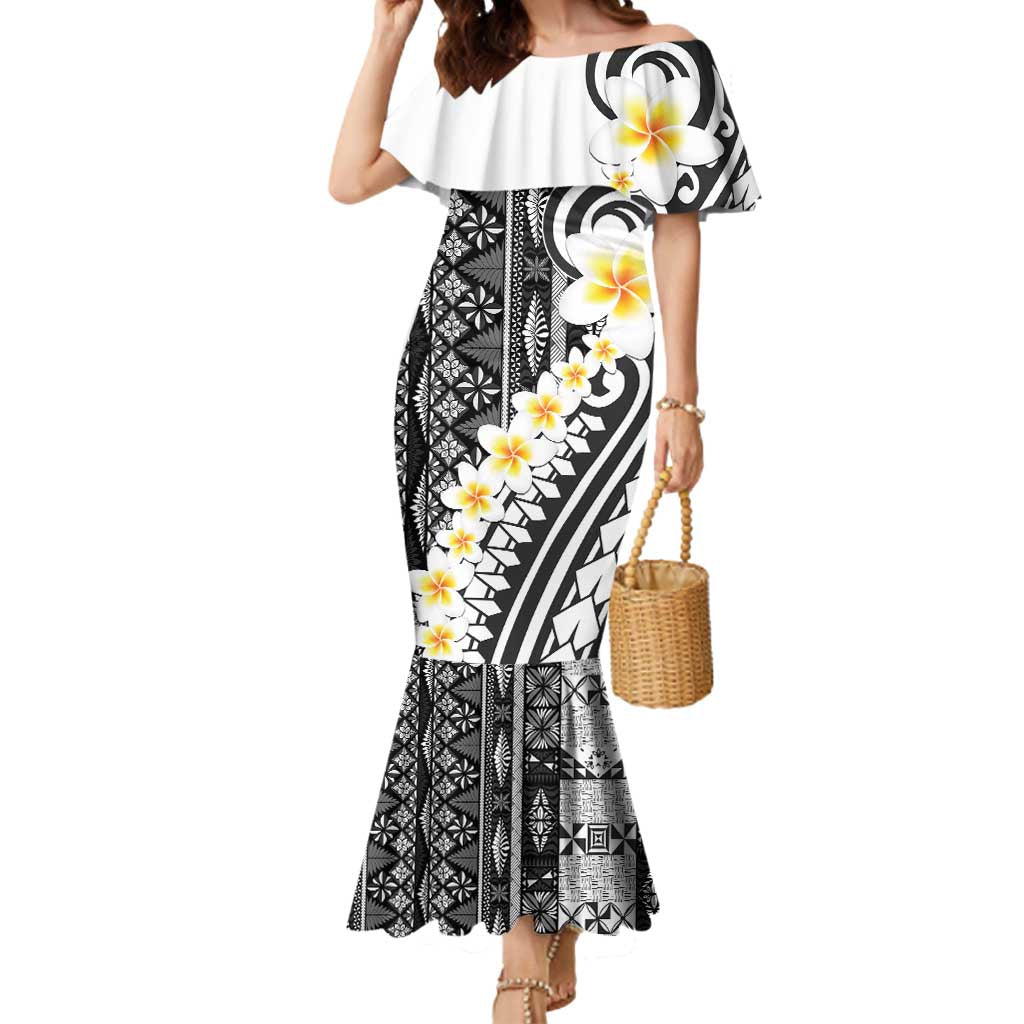 Black Vintage Tonga Ngatu Pattern With Plumeria Mermaid Dress - Polynesian Pride