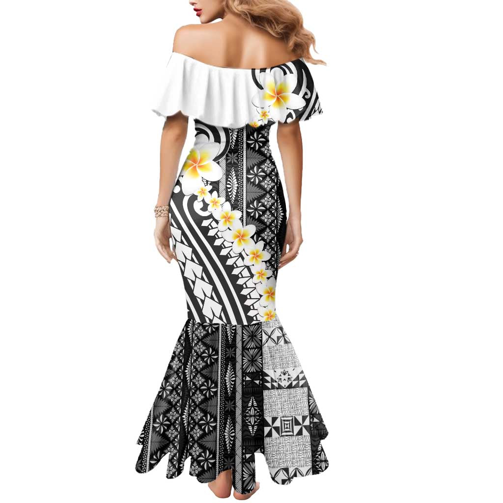 Black Vintage Tonga Ngatu Pattern With Plumeria Mermaid Dress - Polynesian Pride