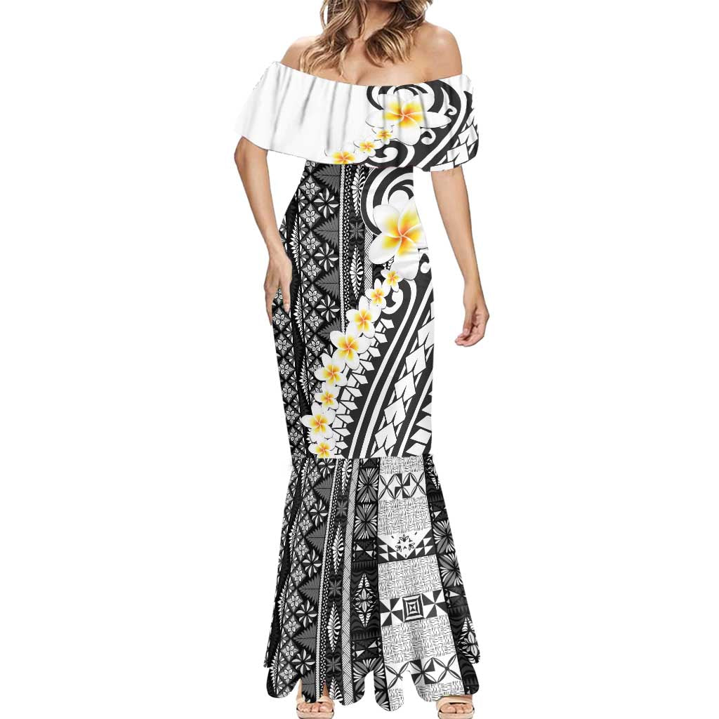 Black Vintage Tonga Ngatu Pattern With Plumeria Mermaid Dress - Polynesian Pride