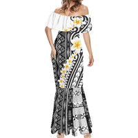 Black Vintage Tonga Ngatu Pattern With Plumeria Mermaid Dress - Polynesian Pride