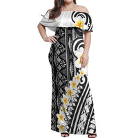 Black Vintage Tonga Ngatu Pattern With Plumeria Off Shoulder Maxi Dress - Polynesian Pride