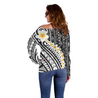 Black Vintage Tonga Ngatu Pattern With Plumeria Off Shoulder Sweater - Polynesian Pride