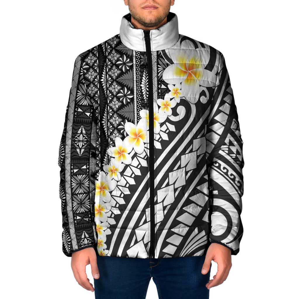 Black Vintage Tonga Ngatu Pattern With Plumeria Padded Jacket - Polynesian Pride