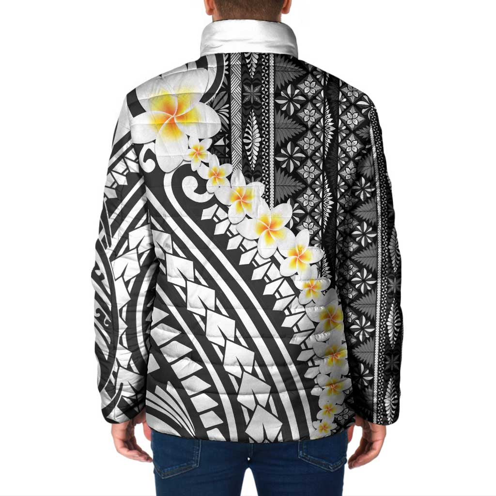 Black Vintage Tonga Ngatu Pattern With Plumeria Padded Jacket - Polynesian Pride